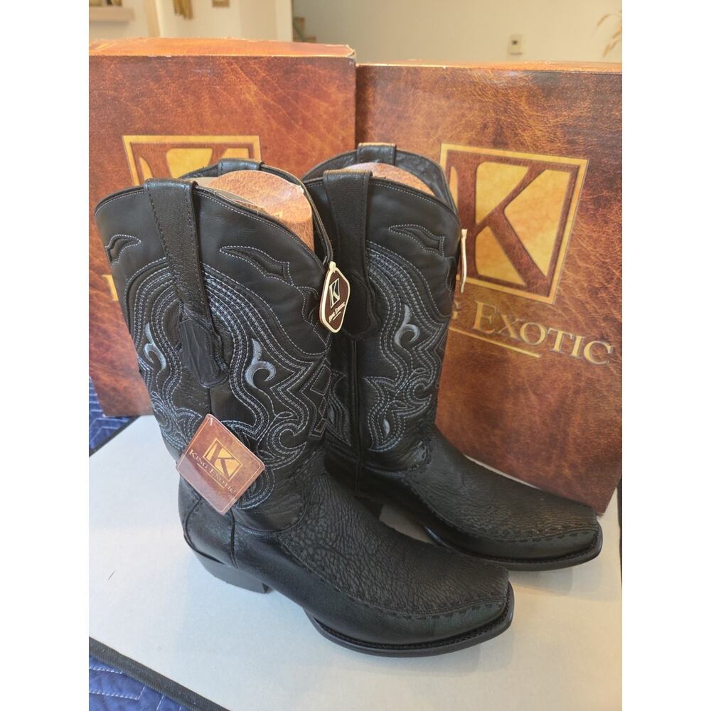 King Exotic US10.5 BLACK GENUINE SHARK Western Boot Dubai Square Toe D 479F0905